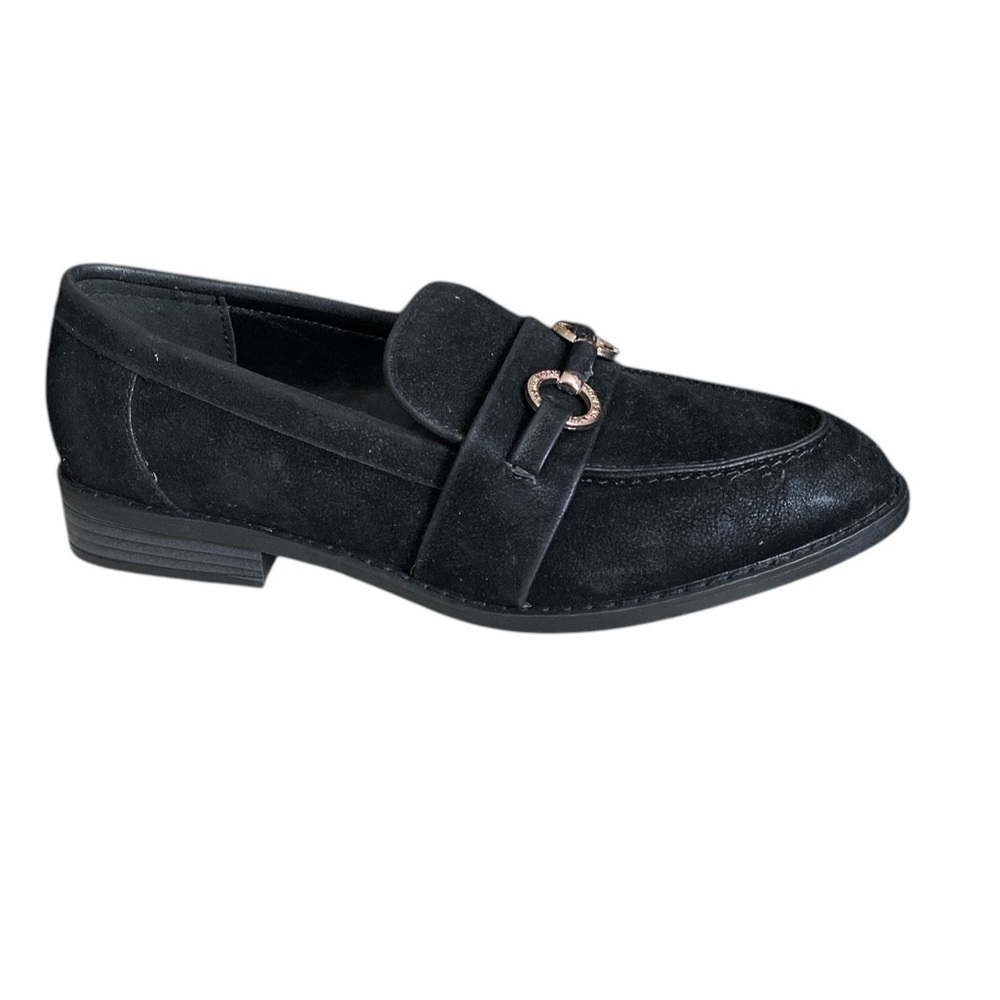 Jones NY Coral Faux Leather Black Loafers w/Gold Logo Buckle Women’s Size 9.5